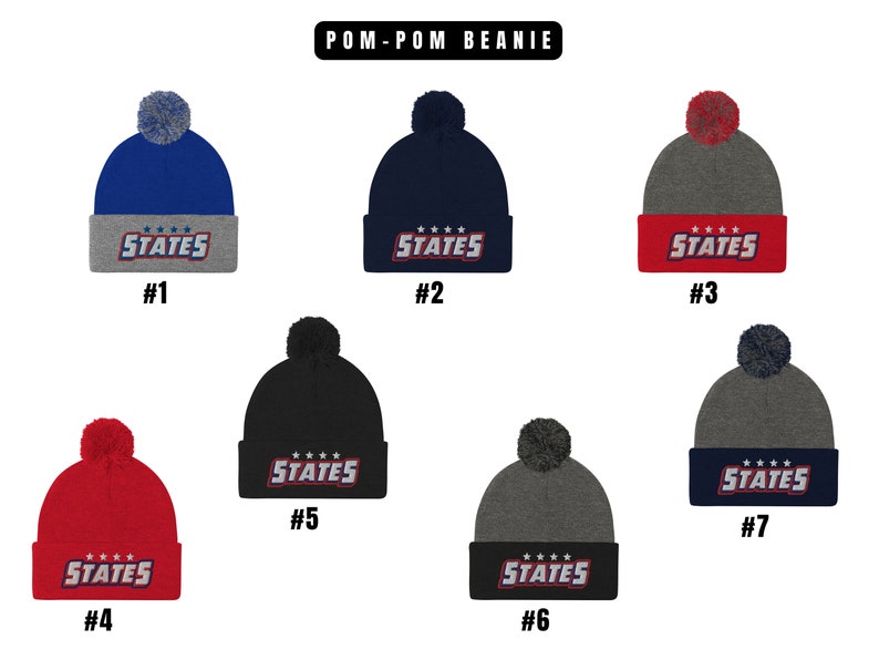 Puede incluir: Un conjunto de diez gorros con pomp&oacute;n en varios colores, cada uno con un pomp&oacute;n de color diferente y la palabra "STATES" bordada en la parte delantera. Los gorros est&aacute;n numerados del 1 al 7.