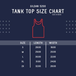 Puede incluir: Una tabla de tallas para camisetas sin mangas Gildan 5200, que muestra las tallas S a 2X con las medidas de longitud y ancho correspondientes en pulgadas.
