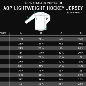 May include: Size chart for a lightweight hockey jersey made from 100% recycled polyester. The chart shows measurements in inches for the jersey's chest, length, sleeve length, and shoulder width for sizes 2XS to 6XL.