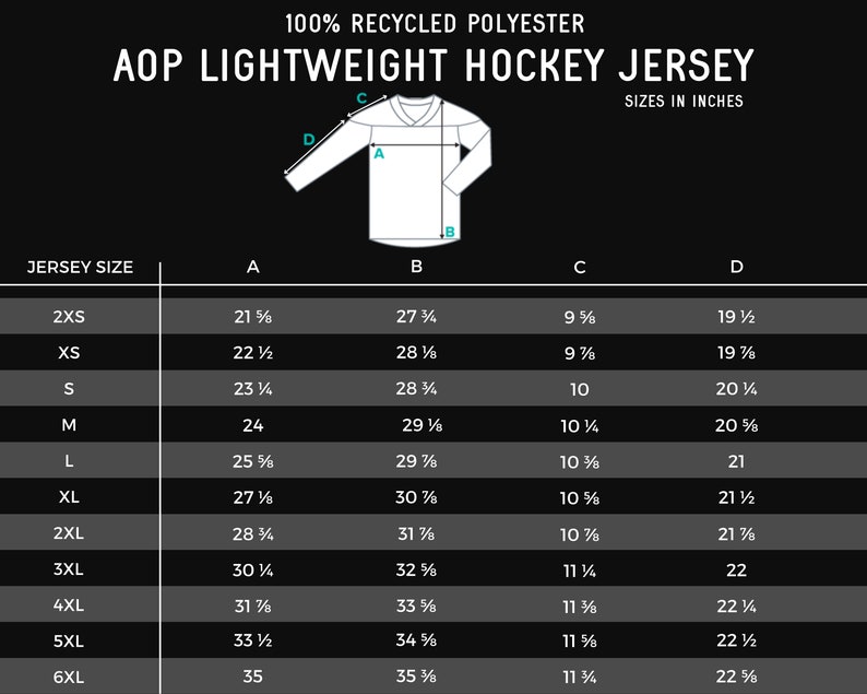 May include: Size chart for a lightweight hockey jersey made from 100% recycled polyester. The chart shows measurements in inches for the jersey's chest, length, sleeve length, and shoulder width for sizes 2XS to 6XL.