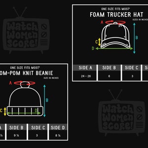 Puede incluir: Diagrama que muestra las medidas de una gorra de camionero de espuma y una boina de punto con pomp&oacute;n. La gorra es negra y tiene una visera curvada. La boina es negra y tiene un pomp&oacute;n en la parte superior. Las medidas est&aacute;n en pulgadas. El texto "One Size Fits Most" se muestra en el diagrama.