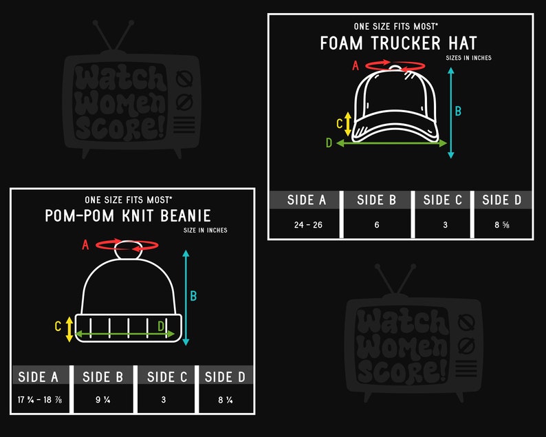 Puede incluir: Diagrama que muestra las medidas de una gorra de camionero de espuma y una boina de punto con pomp&oacute;n. La gorra es negra y tiene una visera curvada. La boina es negra y tiene un pomp&oacute;n en la parte superior. Las medidas est&aacute;n en pulgadas. El texto "One Size Fits Most" se muestra en el diagrama.