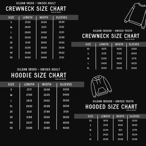 May include: A size chart for Gildan 18000, 18000B, 18500, and 18500B unisex crewneck and hooded sweatshirts. The chart shows the length, width, and sleeve measurements in inches for different sizes, including XS, S, M, L, XL, 2X, 3X, 4X, and 5X.