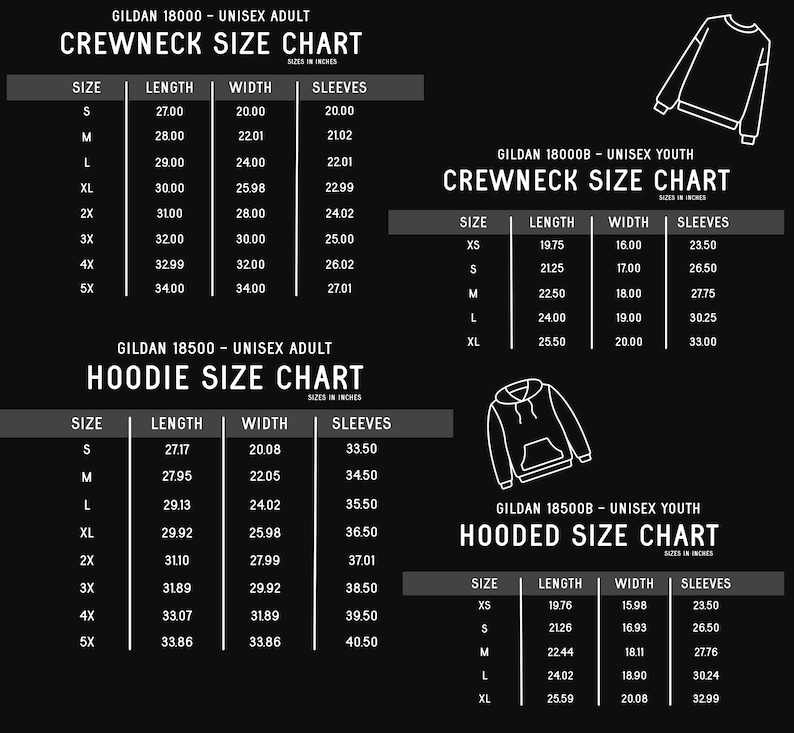 May include: A size chart for Gildan 18000, 18000B, 18500, and 18500B unisex crewneck and hooded sweatshirts. The chart shows the length, width, and sleeve measurements in inches for different sizes, including XS, S, M, L, XL, 2X, 3X, 4X, and 5X.