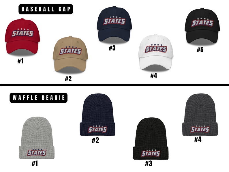 Puede incluir: Un conjunto de diez gorras de b&eacute;isbol y gorros de lana tipo waffle en varios colores, cada uno con un logotipo bordado en rojo, blanco y azul que dice "STATES" con estrellas sobre la palabra. Las gorras est&aacute;n numeradas del 1 al 5, y los gorros del 1 al 4.