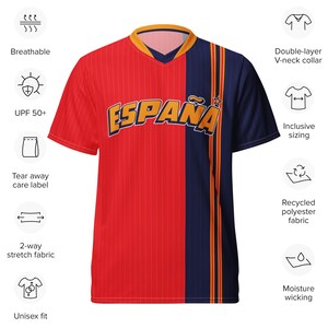 May include: Red and blue soccer jersey with the word "ESPA&Ntilde;A" in yellow lettering. The jersey has a V-neck collar and short sleeves. It is made of recycled polyester fabric and features moisture-wicking technology.