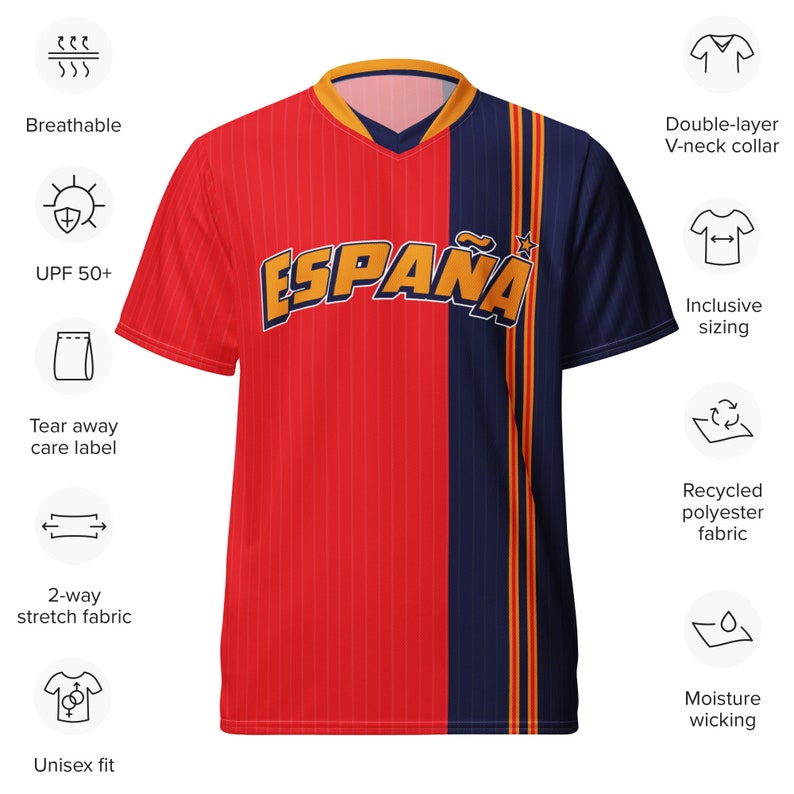 May include: Red and blue soccer jersey with the word "ESPA&Ntilde;A" in yellow lettering. The jersey has a V-neck collar and short sleeves. It is made of recycled polyester fabric and features moisture-wicking technology.