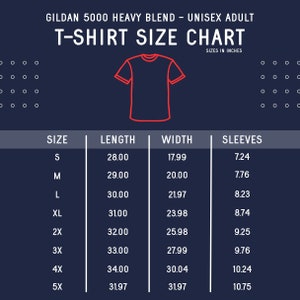 Puede incluir: Un gr&aacute;fico que muestra las tallas de camiseta en pulgadas para camisetas unisex para adultos Gildan 5000 Heavy Blend. El gr&aacute;fico muestra la talla, la longitud, el ancho y la longitud de la manga en pulgadas.