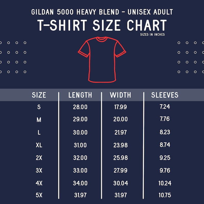 Puede incluir: Un gr&aacute;fico que muestra las tallas de camiseta en pulgadas para camisetas unisex para adultos Gildan 5000 Heavy Blend. El gr&aacute;fico muestra la talla, la longitud, el ancho y la longitud de la manga en pulgadas.