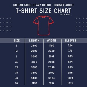 May include: A chart showing t-shirt sizes in inches for Gildan 5000 Heavy Blend unisex adult t-shirts. The chart shows the size, length, width, and sleeve length in inches.