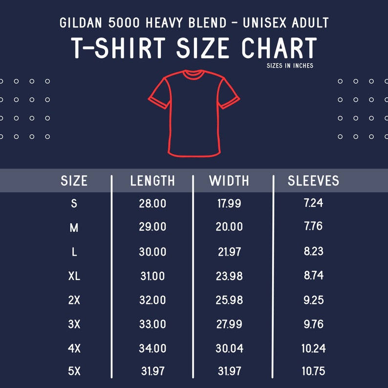 May include: A chart showing t-shirt sizes in inches for Gildan 5000 Heavy Blend unisex adult t-shirts. The chart shows the size, length, width, and sleeve length in inches.
