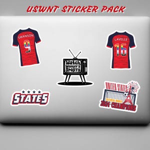 May include: A sticker pack featuring the US Women's National Team (USWNT). The pack includes a sticker of a soccer jersey with the name "Swanson" and the number "9", another jersey with the name "Lavelle" and the number "16", a sticker of a television with the text "Watch Women's Sports", a sticker with the text "STATES", and a sticker of a soccer goal with the text "United States 2024 Champions".