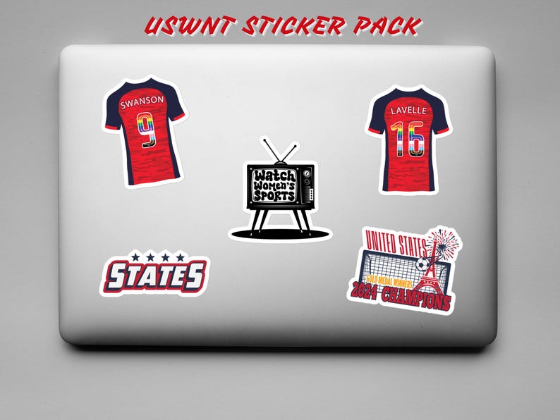 May include: A sticker pack featuring the US Women's National Team (USWNT). The pack includes a sticker of a soccer jersey with the name "Swanson" and the number "9", another jersey with the name "Lavelle" and the number "16", a sticker of a television with the text "Watch Women's Sports", a sticker with the text "STATES", and a sticker of a soccer goal with the text "United States 2024 Champions".