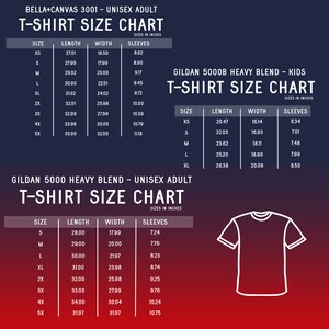 May include: T-shirt size chart for Gildan 5000 Heavy Blend unisex adult and Gildan 5000B Heavy Blend kids t-shirts. The chart shows the size, length, width, and sleeve measurements in inches.