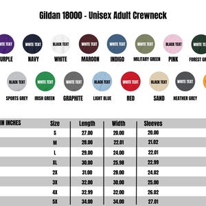 May include: A chart showing the size, length, width, and sleeve measurements in inches for Gildan 18000 Unisex Adult Crewneck t-shirts. The chart includes sizes S, M, L, XL, 2X, 3X, 4X, and 5X.