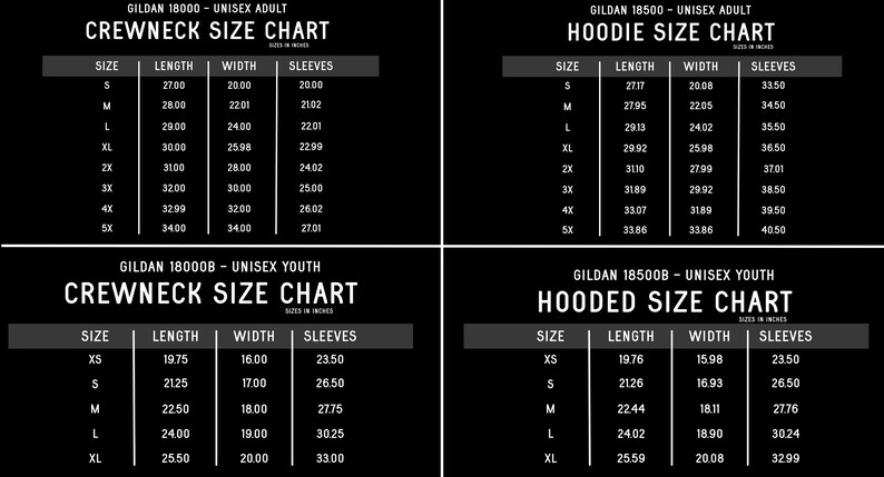 Pu&ograve; includere: Tabelle delle taglie in bianco e nero per felpe Gildan unisex per adulti e ragazzi, girocollo e con cappuccio. Le tabelle mostrano le misure in cm per lunghezza, larghezza e maniche, taglie XS-5X.
