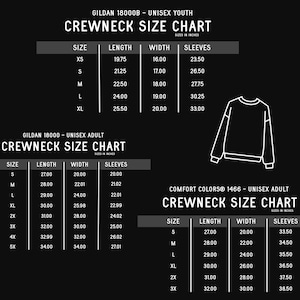 May include: Size chart for Gildan 18000B unisex youth and adult crewneck sweatshirts. The chart shows sizes in inches for XS, S, M, L, XL, 2X, 3X, 4X, and 5X. The chart includes measurements for length, width, and sleeves.