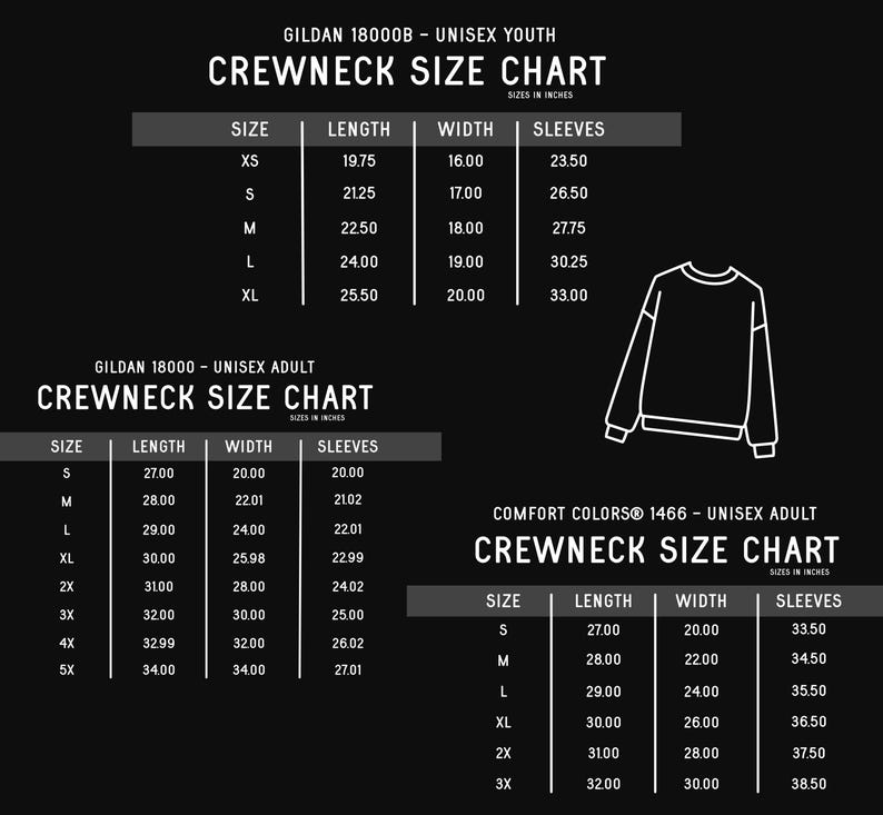May include: Size chart for Gildan 18000B unisex youth and adult crewneck sweatshirts. The chart shows sizes in inches for XS, S, M, L, XL, 2X, 3X, 4X, and 5X. The chart includes measurements for length, width, and sleeves.