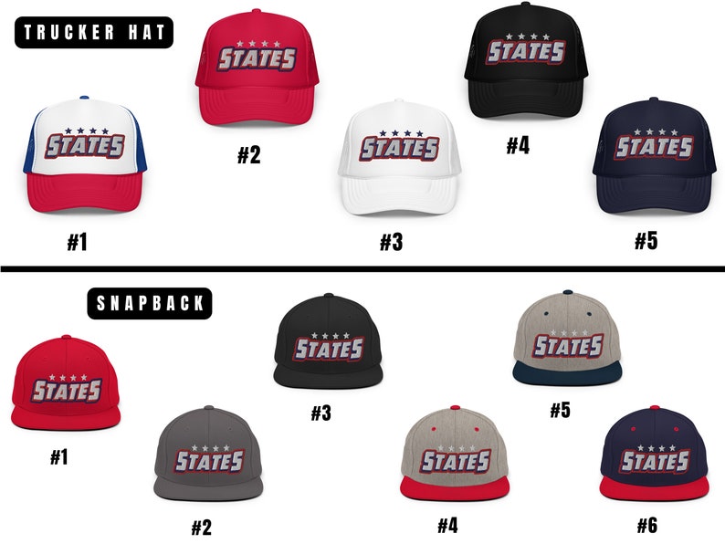 Puede incluir: Un conjunto de diez gorras de camionero y gorras snapback con un logotipo "STATES" rojo, blanco y azul. Las gorras est&aacute;n disponibles en rojo, negro, blanco, gris y azul marino.