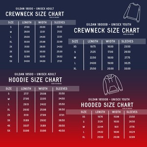 Op de afbeelding: Maattabel voor Gildan 18000, 18000B, 18500 en 18500B crewneck en hooded sweatshirts. De tabel toont de maten in inches voor zowel volwassenen als jeugdmaten.