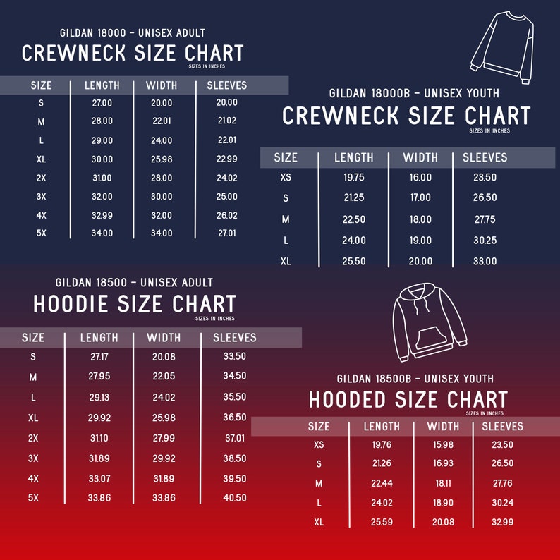 Op de afbeelding: Maattabel voor Gildan 18000, 18000B, 18500 en 18500B crewneck en hooded sweatshirts. De tabel toont de maten in inches voor zowel volwassenen als jeugdmaten.