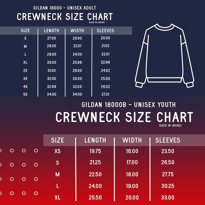 May include: A size chart for Gildan 18000 and Gildan 18000B crewneck sweatshirts. The chart shows the size, length, width, and sleeve length in inches for both adult and youth sizes.