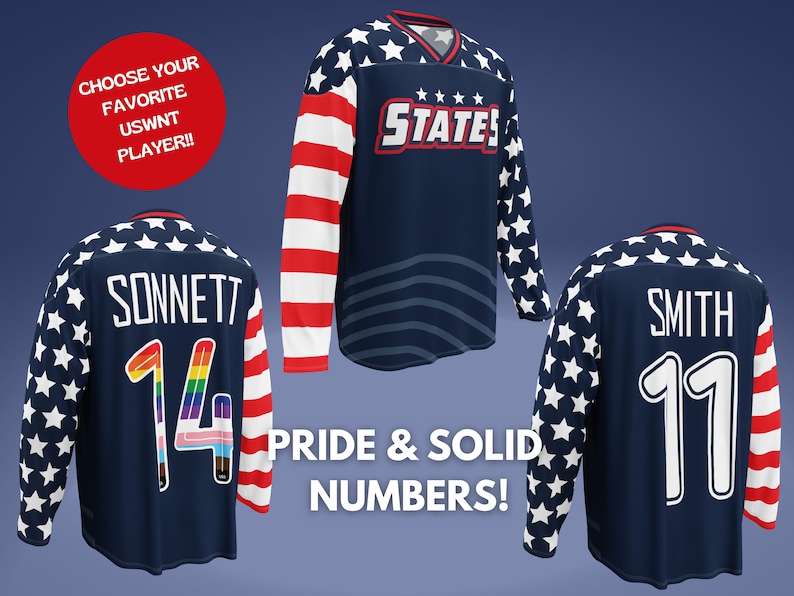 May include: Three blue hockey jerseys with white stars and red and white stripes. The jerseys have the names "Sonnett", "Smith", and "STATES" on the back. The number "14" is on the Sonnett jersey, the number "11" is on the Smith jersey, and the number "14" is on the Sonnett jersey. The jerseys are on a blue background.