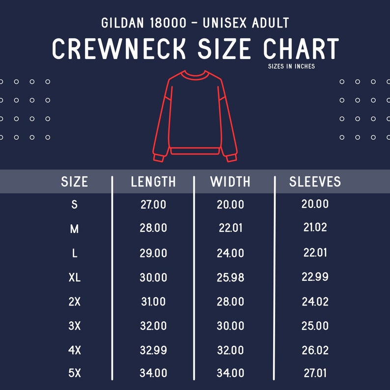 May include: A size chart for Gildan 18000 unisex adult crewneck sweatshirts. The chart shows the length, width, and sleeve measurements in inches for sizes S through 5X.