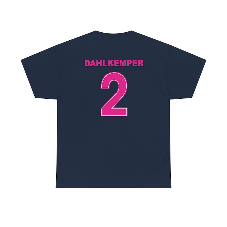May include: Navy blue t-shirt with the name "DAHLKEMPER" and the number "2" printed on the back in pink.