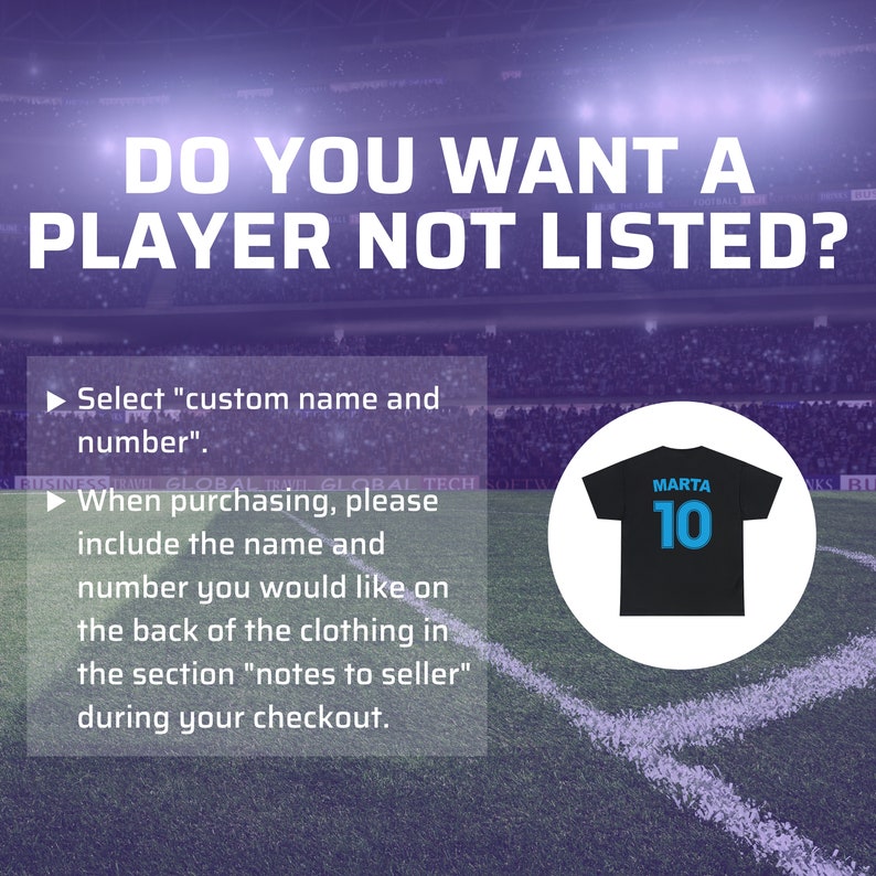 May include: A black soccer jersey with the name "Marta" and the number "10" printed on the back. The jersey is shown against a blurred background of a soccer stadium.