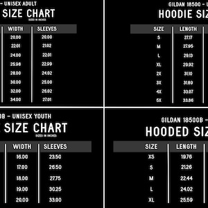 May include: Size chart for Gildan 18000, 18500, 18000B, and 18500B unisex adult and youth crewneck and hooded sweatshirts. The chart shows the size, length, width, and sleeve measurements in inches.