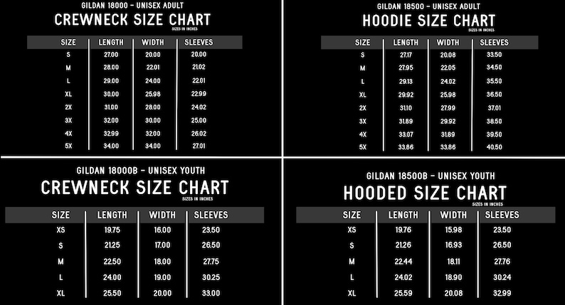May include: Size chart for Gildan 18000, 18500, 18000B, and 18500B unisex adult and youth crewneck and hooded sweatshirts. The chart shows the size, length, width, and sleeve measurements in inches.