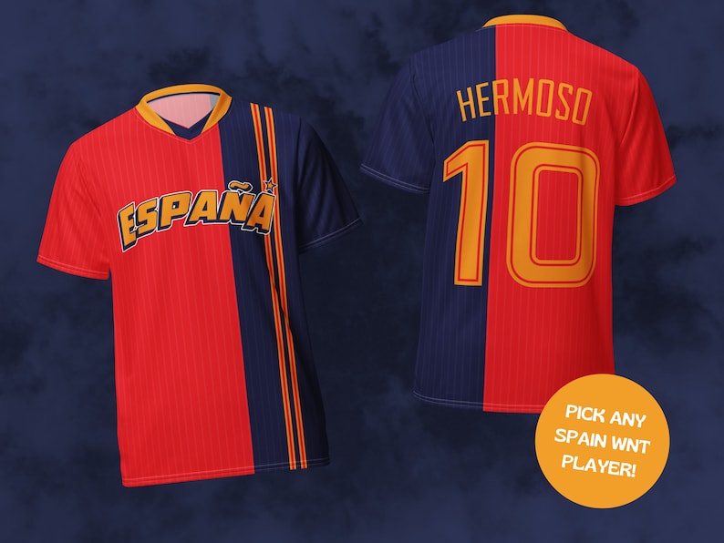 May include: A red and blue soccer jersey with the word "ESPA&Ntilde;A" on the front and the number "10" and the name "HERMOSO" on the back.