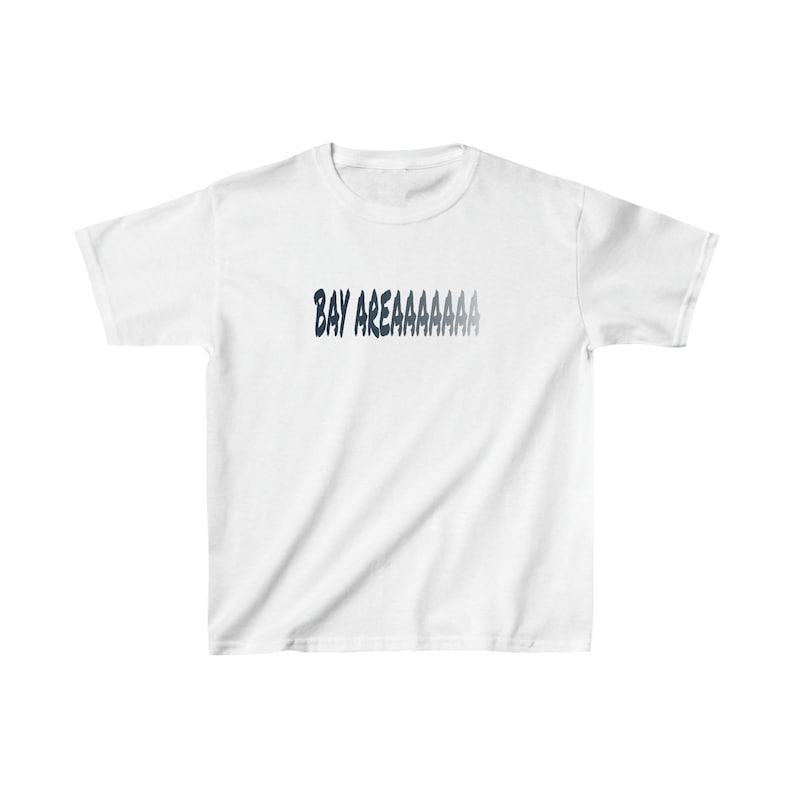 May include: White t-shirt with a black graphic that says "BAY AREAAAAAAA"