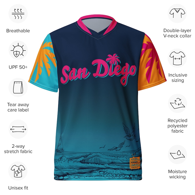 May include: A blue, teal, and orange short-sleeved jersey with a V-neck collar. The jersey has a graphic of palm trees and waves with the text "San Diego" in pink. The jersey is made of recycled polyester fabric and has a tear-away care label.