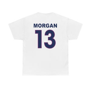 May include: White t-shirt with the name "MORGAN" and the number "13" printed on the back in navy blue with a pink outline.
