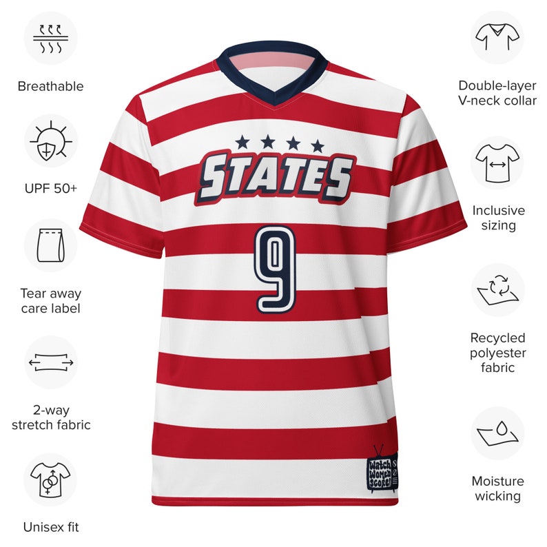 May include: Red and white striped soccer jersey with a V-neck collar. The jersey has the word "STATES" and the number "9" printed on the front. The jersey is made of recycled polyester fabric and has moisture-wicking properties.