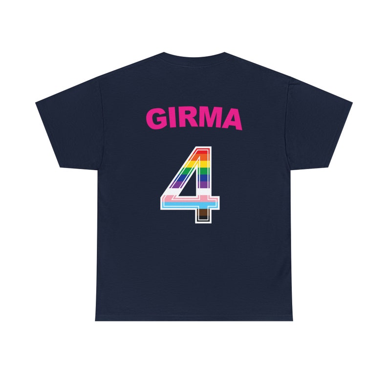 May include: Navy blue t-shirt with the name "GIRMA" and the number "4" in rainbow colours on the back.