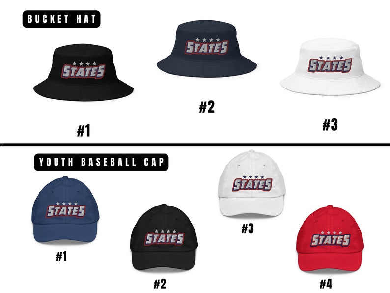 Puede incluir: Un conjunto de gorras con la palabra "STATES" en un dise&ntilde;o rojo, blanco y azul. Las gorras est&aacute;n disponibles en negro, blanco, azul marino y rojo. Las gorras est&aacute;n disponibles en estilos de gorro de cubo y gorra de b&eacute;isbol para j&oacute;venes.