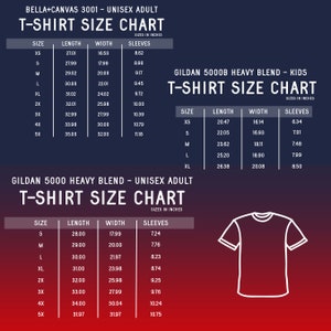 Op de afbeelding: T-shirt maattabel voor Gildan 5000 Heavy Blend unisex volwassenen en Gildan 5000B Heavy Blend kinder t-shirts. De tabel toont de maat, lengte, breedte en mouwlengte in inches.