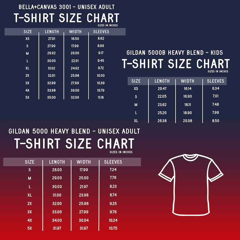 Op de afbeelding: T-shirt maattabel voor Gildan 5000 Heavy Blend unisex volwassenen en Gildan 5000B Heavy Blend kinder t-shirts. De tabel toont de maat, lengte, breedte en mouwlengte in inches.