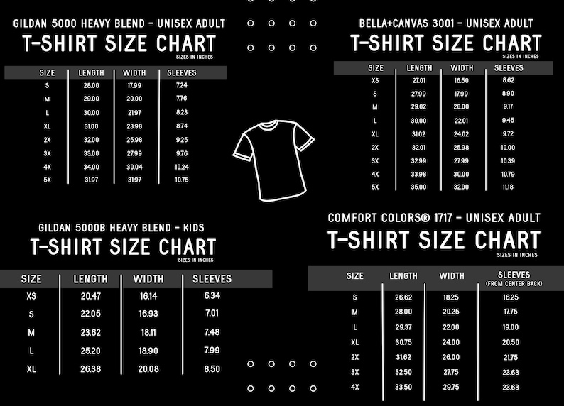 May include: A chart showing t-shirt sizes in inches for Gildan 5000 Heavy Blend, Gildan 5000B Heavy Blend, Bella + Canvas 3001, and Comfort Colors 1717.