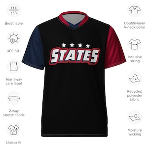 May include: Black, red, and navy blue baseball jersey with a V-neck collar. The jersey has a white star design and the word "STATES" in red letters. The jersey is made of recycled polyester fabric and has moisture-wicking properties.