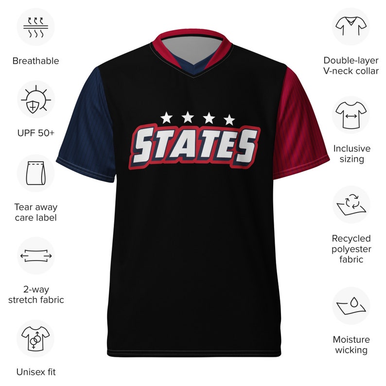 May include: Black, red, and navy blue baseball jersey with a V-neck collar. The jersey has a white star design and the word "STATES" in red letters. The jersey is made of recycled polyester fabric and has moisture-wicking properties.