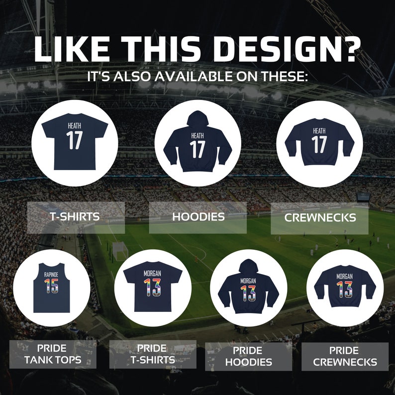 May include: A mockup of different apparel styles featuring a navy blue design with white text and numbers. The apparel includes t-shirts, hoodies, crewnecks, and tank tops. The text on the apparel includes the names "Heath" and "Morgan" and the numbers "17" and "13".