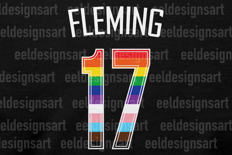 May include: A black jersey with the name "FLEMING" and the number "17" in white outlined in rainbow colors. The rainbow colors are red, orange, yellow, green, blue, indigo, and violet.