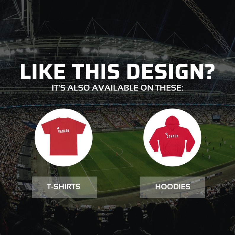 May include: Red t-shirt and hoodie with a white "CANADA" graphic. The design is available on both t-shirts and hoodies.