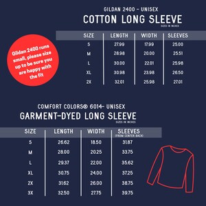 Op de afbeelding: Maattabel voor Gildan 2400 unisex katoenen longsleeve shirts. De tabel toont de afmetingen in inches voor de maten S, M, L, XL, 2X en 3X. De tabel bevat ook de afmetingen voor de mouwen vanaf het midden van de rug.