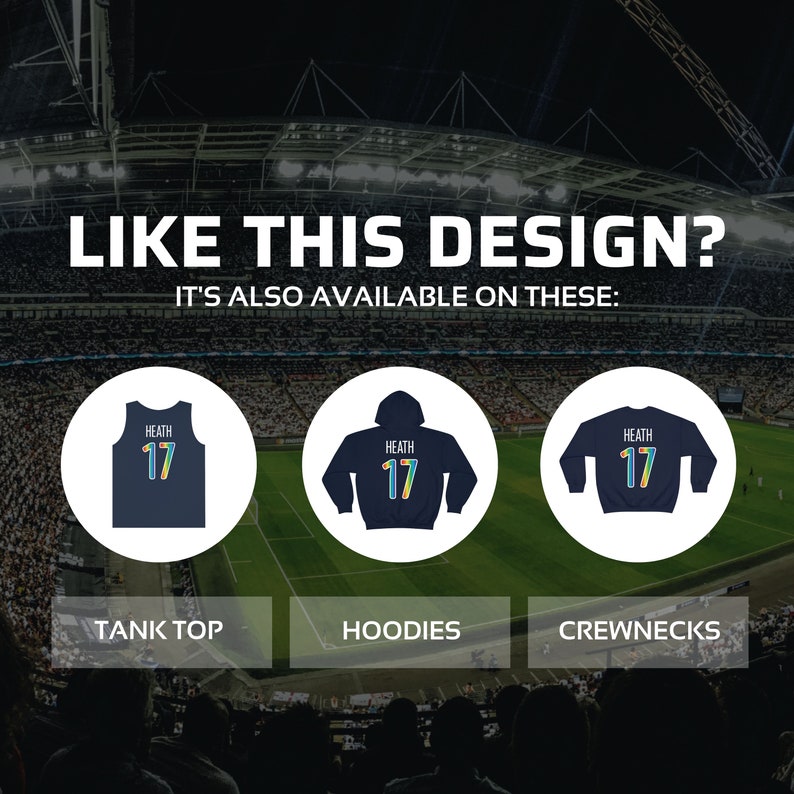 May include: Three different styles of navy blue shirts with a white and rainbow colored design that says "HEATH 17". The shirts are a tank top, a hoodie, and a crew neck.