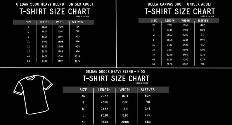 Pu&ograve; includere: Tabella delle taglie delle t-shirt in bianco e nero per Gildan 5000 Heavy Blend Unisex Adult, Bella+Canvas 3001 Unisex Adult e Gildan 5000B Heavy Blend Kids. La tabella include misure in pollici per lunghezza, larghezza e maniche.